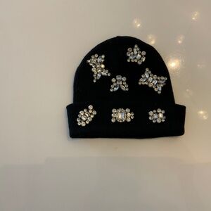 Black Knit Beanie Hat with Rhinestone Crystal Embellishments